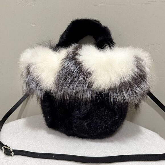 Black & White, Real Mink Fur with Fox Fur Trimming Top Handle & Multi Use Purse - Picture 3 of 16